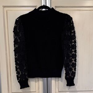 French Connection Black Knit Top small sheer floral sleeve
